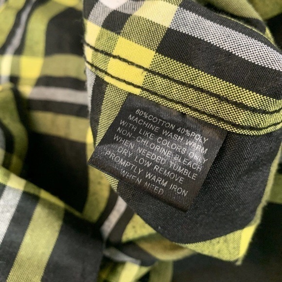 BROOKLYN‎ STATE Men's XL Black Yellow Blue Plaid Print Button Up Shirt - Picture 6 of 6